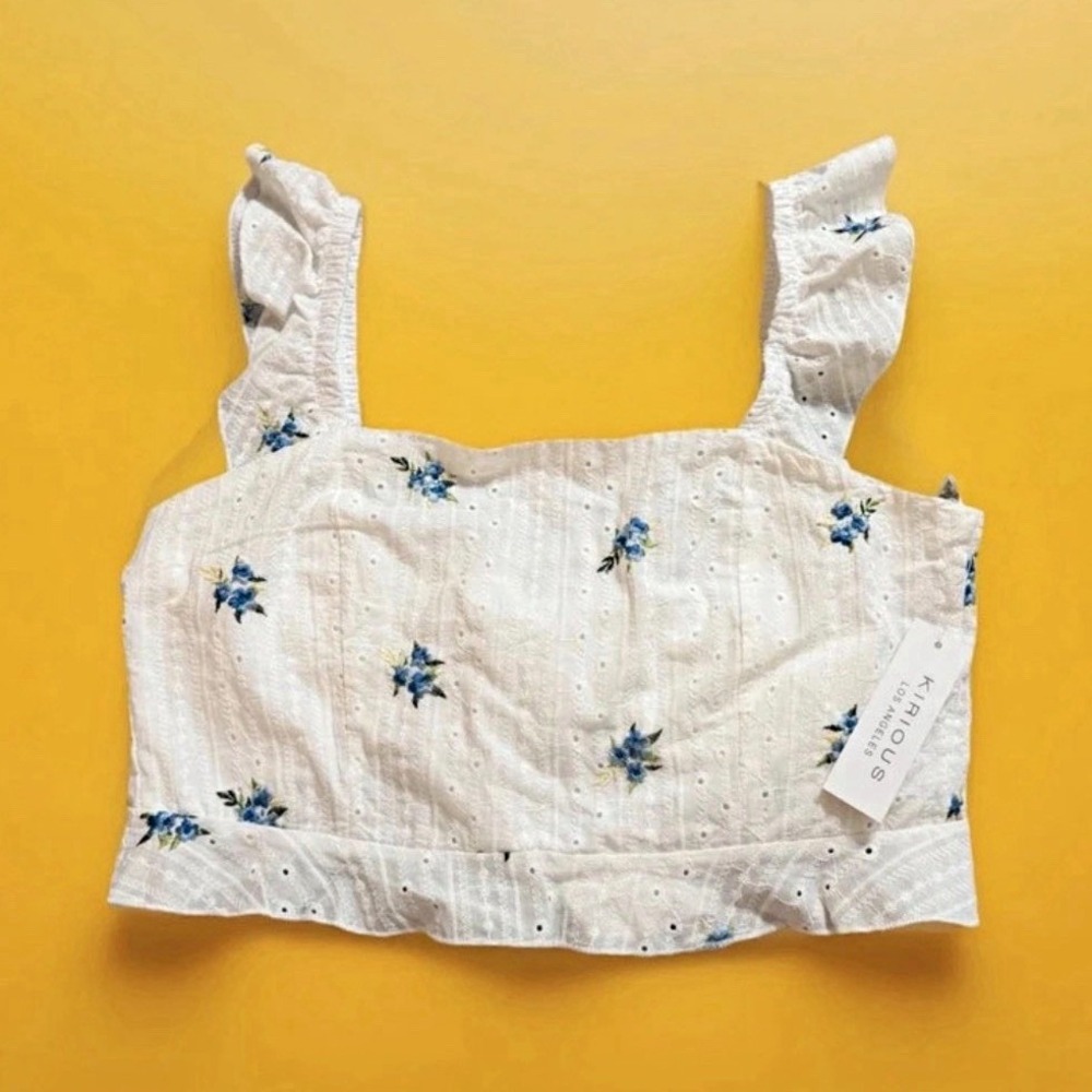 KIRIOUS Los Angeles Women's L Eyelet Crop Top White Blue Floral Embroidered